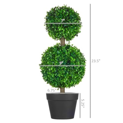 Product: HOMCOM Set of 2 23.5" Artificial Ball Boxwood Topiary Trees with Pot, Indoor Outdoor Fake Plants for Home Office & Living Room Decor