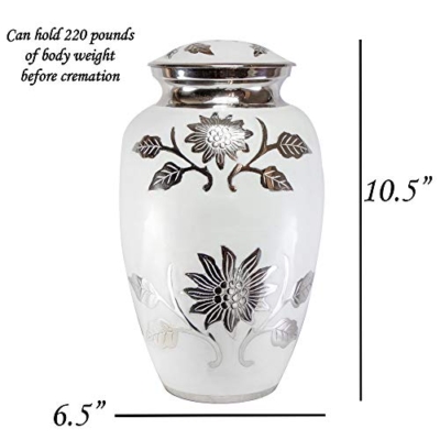 Product: Large Pearl White Funeral Cremation Urn for Human Ashes with Personalization and Velvet Box