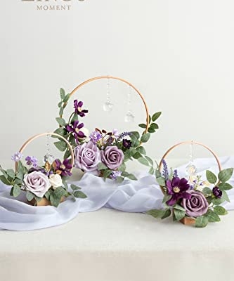 Silky Flower Store Crystal Wooden Hoop Wreath Floral Centerpieces, Lilac Gold Faux Floral Arrangements, Set of 3, 20.5cm 5 5 Product: Ling's Moment Crystal Wooden Hoop Wreath Floral Centerpieces for Sweetheart Table, Head Table, Ceremony Reception Artificial Flowers Decorations, Assemble Required - Lilac & Gold