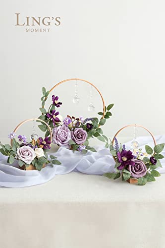Silky Flower Store Crystal Wooden Hoop Wreath Floral Centerpieces, Lilac Gold Faux Floral Arrangements, Set of 3, 20.5cm 1 1 Product: Ling's Moment Crystal Wooden Hoop Wreath Floral Centerpieces for Sweetheart Table, Head Table, Ceremony Reception Artificial Flowers Decorations, Assemble Required - Lilac & Gold