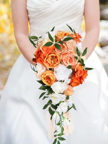 Silky Flower Store Terracotta Orange Cascading Bridal Bouquet, Artificial Wedding Bouquet, Bridesmaid Bouquet, 25.4cm 6 6 Product: INSUNSIX Wedding Bouquet,10 Inch Terracotta Bouquet Cascading Bridal Bouquets for Bride for Wedding Ceremony and Anniversary(Orange)