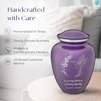 Silky Flower Store Adult Personalized Hummingbird Cremation Urn, Large Purple Funeral Urn, Custom Engraved Metal Ashes Memorial, 200 lbs 19 19 Product: Geturns Embrace Adult Personalized Humming Bird Cremation Urns for Human Ashes I Large Purple Funeral Urn for Men and Women I 200 lbs