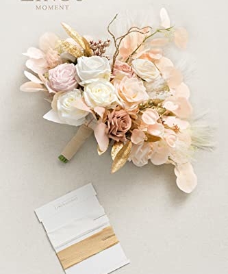 Product: Ling's Moment Boho Wedding Bouquets for Bride, White Beige and Gold Bridal Bouquets for Bride, 15 Inch Free Form Artificial Wedding Flower Bouquet