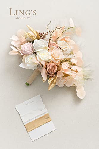 Product: Ling's Moment Boho Wedding Bouquets for Bride, White Beige and Gold Bridal Bouquets for Bride, 15 Inch Free Form Artificial Wedding Flower Bouquet