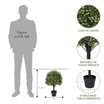 Product: Azoco 27“ Realistic Artificial Boxwood Topiary Trees Set of 2, Faux Boxwood Plants Outdoor UV-Resistant, No Maintenance Curb Appeal Fake Evergreen Bushes & Shrubs for Front Porch Outside Planter Decor