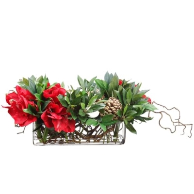 Product: 16" Hx28 W Silk Amaryllis Flower, Ranunculus, Sweet Bay Leaf & Pinecone Arrangement w/Glass Vase -Red/Green
