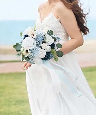 Product: Ling's Moment Dusty Blue Wedding Bouquets Package - 11" Bridal Bouquet, Bridesmaid Bouquets (Set of 4), Boutonnieres for Men (Set of 6), Wrist Corsage Bracelet (Set of 6)