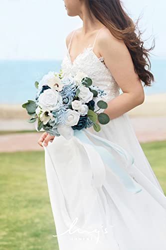 Product: Ling's Moment Dusty Blue Wedding Bouquets Package - 11" Bridal Bouquet, Bridesmaid Bouquets (Set of 4), Boutonnieres for Men (Set of 6), Wrist Corsage Bracelet (Set of 6)