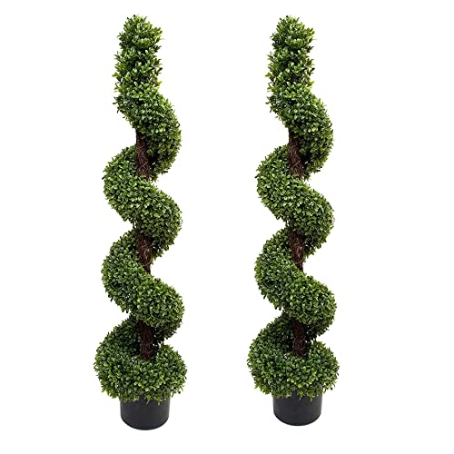 Product: 2 x Artificial Premium Quality Topiary Boxwood Spiral Trees in Black Pot for Indoor Outdoor Decor, UV Stable (4ft/120cm)