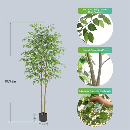 Product: Nafresh Tall UV Resistant Ficus Tree Artificial，6ft(72in) Faux Ficus Tree with Realistic Smooth and Shiny Leaves， Fake Trees Indoor Outdoor for Home Office Living Room Bedroom Foyer Porch Decor.