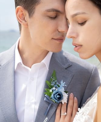Product: Ling's Moment Dusty Blue Wedding Bouquets Package - 11" Bridal Bouquet, Bridesmaid Bouquets (Set of 4), Boutonnieres for Men (Set of 6), Wrist Corsage Bracelet (Set of 6)