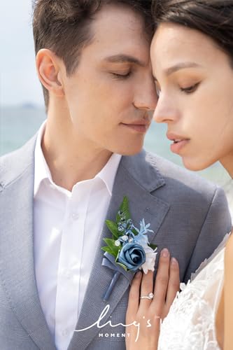 Product: Ling's Moment Dusty Blue Wedding Bouquets Package - 11" Bridal Bouquet, Bridesmaid Bouquets (Set of 4), Boutonnieres for Men (Set of 6), Wrist Corsage Bracelet (Set of 6)