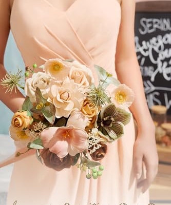 Product: Ling's Moment Artificial Flowers Apricot and Peach Bridesmaid Bouquet Set of 4, Peach Wedding Flowers Bouquets for Bridesmaids, 7 Inch Bridal Bouquets for Bridesmaids, Wedding, etc