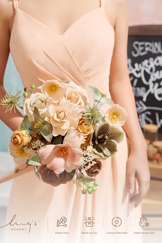 Product: Ling's Moment Artificial Flowers Apricot and Peach Bridesmaid Bouquet Set of 4, Peach Wedding Flowers Bouquets for Bridesmaids, 7 Inch Bridal Bouquets for Bridesmaids, Wedding, etc