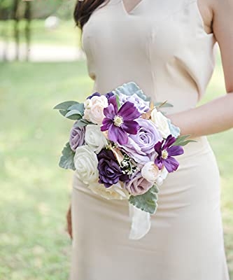 Product: Ling's Moment Artificial Flowers Purple Bridesmaid Bouquet Set of 4, Lilac and Gold Wedding Flowers Bouquets for Bridesmaids, 7 Inch Bridal Bouquets for Bridesmaids, Wedding, Ceremony, Anniversary, et