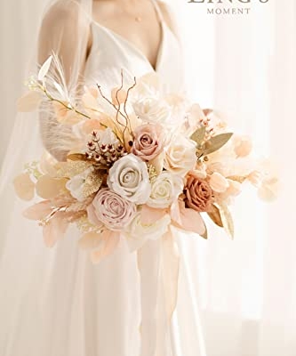 Product: Ling's Moment Boho Wedding Bouquets for Bride, White Beige and Gold Bridal Bouquets for Bride, 15 Inch Free Form Artificial Wedding Flower Bouquet