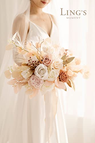 Product: Ling's Moment Boho Wedding Bouquets for Bride, White Beige and Gold Bridal Bouquets for Bride, 15 Inch Free Form Artificial Wedding Flower Bouquet
