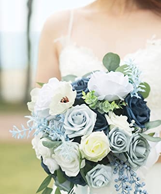 Product: Ling's Moment Dusty Blue Wedding Bouquets Package - 11" Bridal Bouquet, Bridesmaid Bouquets (Set of 4), Boutonnieres for Men (Set of 6), Wrist Corsage Bracelet (Set of 6)
