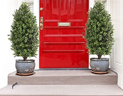 Product: momoplant 2.5FT-30Inch Artificial Plants Tree Shaped Boxwood Topiary Cone Topiaries Bushes Potted Fake Plants Outdoor/Indoor Decor（Set of 2）
