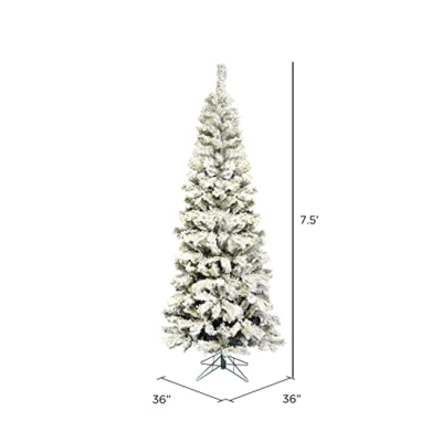 Silky Flower Store Vickerman Flocked Pacific Pencil Artificial Christmas Tree, Unlit, Green White, 7.5ft x 36in 12 12 Product: Vickerman 7.5' Flocked Pacific Pencil Artificial Christmas Tree, Unlit - Lifelike Indoor Seasonal Home Decor - Maintenance Free Flocked Faux Christmas Tree
