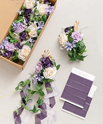 Silky Flower Store Artificial Aisle Pew Flowers, Wedding Chair Decorations Lilac Purple Gold Chiffon Ribbons, 13in x 5in 13 13 Product: Ling's Moment 8pcs Wedding Artificial Aisle Pew Flowers Chair Decorations Arrangements with Chiffon Ribbons Lilac Purple Gold for Ceremony Chair Back Floral Decor Reception Church Party Outdoor