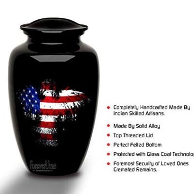 Silky Flower Store Adult Cremation Funeral Urn for Human Ashes, Black Handcrafted American Eagle Flag Theme, 200 cu in, 200 cu in 9 9 Product: Forever URNS Adult Cremation Funeral Urn with Printed American Eagle Flag Theme for Human Ashes of Female & Male | 200 cu in | Large | Black | Completely Handcrafted with Velvet Protection Bag