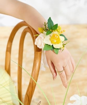 Product: Ling's Moment 6pcs Wedding Wrist Corsage Artificial Flowers, Girl/Mother Homecoming Prom Corsages Wristlet Décor, etc. Yellow Blush