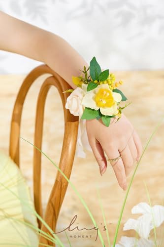 Product: Ling's Moment 6pcs Wedding Wrist Corsage Artificial Flowers, Girl/Mother Homecoming Prom Corsages Wristlet Décor, etc. Yellow Blush