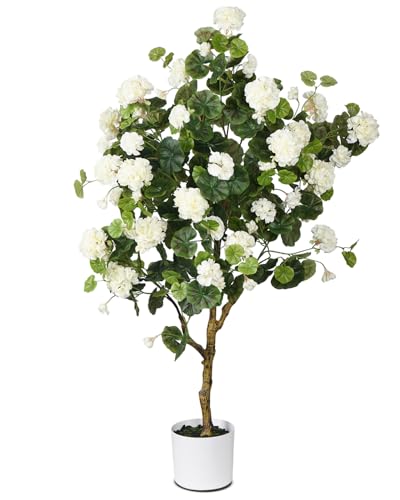 Product: Leflos 4.25ft Artificial Begonia Flower Tree, Faux Begonia Tree with 74 White Flowers, Fake Potted Blooming Floral Plant in White Pot Filled with Dry Moss for Home Indoor Decor