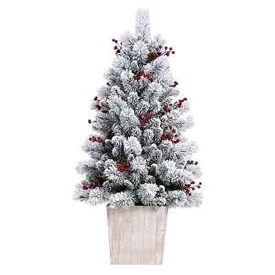 Silky Flower Store Pre-Lit Frosted Fir Potted Christmas Tree, Soft White LED Lights, Faux Red Berries, Whitewash Wood Pot, 4 Foot 9 9 Product: Haute Decor 4 Foot Pre-lit Ashcroft Artificial Frosted Fir Potted Christmas Tree with 100 Soft White LED Lights