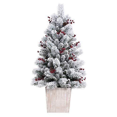Silky Flower Store Pre-Lit Frosted Fir Potted Christmas Tree, Soft White LED Lights, Faux Red Berries, Whitewash Wood Pot, 4 Foot 1 1 Product: Haute Decor 4 Foot Pre-lit Ashcroft Artificial Frosted Fir Potted Christmas Tree with 100 Soft White LED Lights