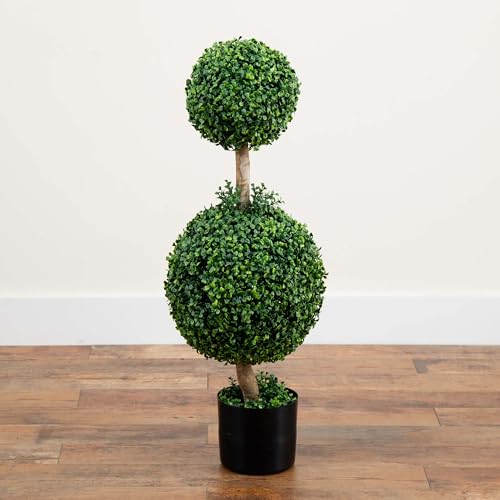Product: Nearly Natural 35IN Artificial Double Boxwood Topiary Ball Tree, Fake Topiary Plant for Indoor Home Décor in Black Nursery Planter