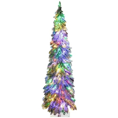 Product: HOMCOM 5ft Tall Prelit Pencil Artificial Christmas Tree Holiday Décor with 334 Snow Flocked Branches, 150 Warm White or Colorful LED Lights, Downswept Shape
