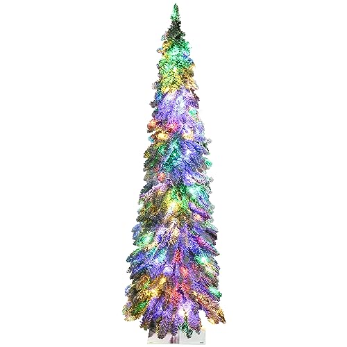 HOMCOM 5ft Tall Prelit Pencil Artificial Christmas Tree Holiday Décor with 334 Snow Flocked Branches, 150 Warm White or Colorful LED Lights, Downswept Shape - Artificial Flower Arrangements Product: HOMCOM 5ft Tall Prelit Pencil Artificial Christmas Tree Holiday Décor with 334 Snow Flocked Branches, 150 Warm White or Colorful LED Lights, Downswept Shape
