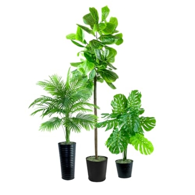 Product: LCG Florals Set of 3 Fig Trees in Black Metal Pots with Real-Wood Trunk - Low Maintenance Indoor and Outdoor Faux Plants for Living Rooms, Offices, Kitchens & Outdoor Spaces
