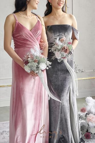 Silky Flower Store Dusty Gray Bridesmaid Bouquet Set of 4, Artificial Silk Foam Wedding Flowers, 7 Inch Bridesmaid Bouquets 7 Inch 3 3 Product: Ling's Moment Artificial Flowers Dusty & Gray Bridesmaid Bouquet Set of 4, Gray Wedding Flowers Bouquets for Bridesmaids, 7 Inch Bridal Bouquets for Bridesmaids, Wedding, etc