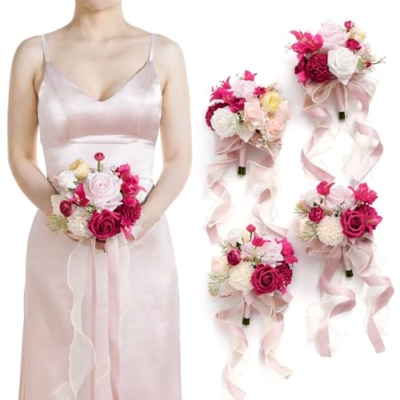 Product: Ling's Moment Pink Bridesmaid Bouquet Set of 4, Blush Pink Wedding Bouquets for Bridesmaids, 7 Inch Bridal Bouquets for Bridesmaids, Wedding, Ceremony, Anniversary, Homecoming, etc.