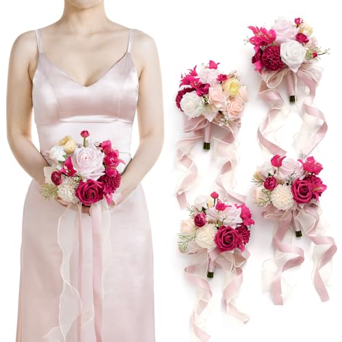 Product: Ling's Moment Pink Bridesmaid Bouquet Set of 4, Blush Pink Wedding Bouquets for Bridesmaids, 7 Inch Bridal Bouquets for Bridesmaids, Wedding, Ceremony, Anniversary, Homecoming, etc.