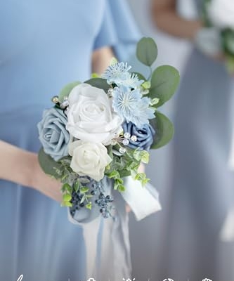 Silky Flower Store Dusty Blue Bridesmaid Bouquet, Artificial Silk Foam Wedding Flowers Set of 6, Blue White Bridal Bouquet, 7 Inch 8 8 Product: Ling's Moment Artificial Flowers Dusty Blue Bridesmaid Bouquet Set of 6, Blue & White Wedding Flowers Bouquets for Bridesmaids, 7 Inch Bridal Bouquets for Bridesmaids