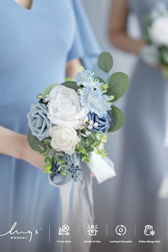 Silky Flower Store Dusty Blue Bridesmaid Bouquet, Artificial Silk Foam Wedding Flowers Set of 6, Blue White Bridal Bouquet, 7 Inch 1 1 Product: Ling's Moment Artificial Flowers Dusty Blue Bridesmaid Bouquet Set of 6, Blue & White Wedding Flowers Bouquets for Bridesmaids, 7 Inch Bridal Bouquets for Bridesmaids