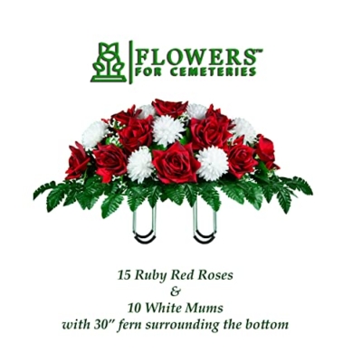 Silky Flower Store Sympathy Silks Artificial Cemetery Flowers, Two Tone Dark Red Rose White Mum Saddle Headstone 20.5cm 14 14 Product: Sympathy Silks Artificial Cemetery Flowers - Realistic - Outdoor Grave Decorations - Non-Bleed Colors, and Easy Fit - Two Tone Dark Red Rose with White Mum Saddle for Headstone