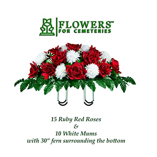 Silky Flower Store Sympathy Silks Artificial Cemetery Flowers, Two Tone Dark Red Rose White Mum Saddle Headstone 20.5cm 5 5 Product: Sympathy Silks Artificial Cemetery Flowers - Realistic - Outdoor Grave Decorations - Non-Bleed Colors, and Easy Fit - Two Tone Dark Red Rose with White Mum Saddle for Headstone