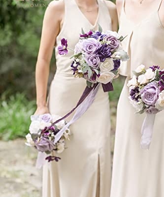 Product: Ling's Moment Artificial Flowers Purple Bridesmaid Bouquet Set of 4, Lilac and Gold Wedding Flowers Bouquets for Bridesmaids, 7 Inch Bridal Bouquets for Bridesmaids, Wedding, Ceremony, Anniversary, et