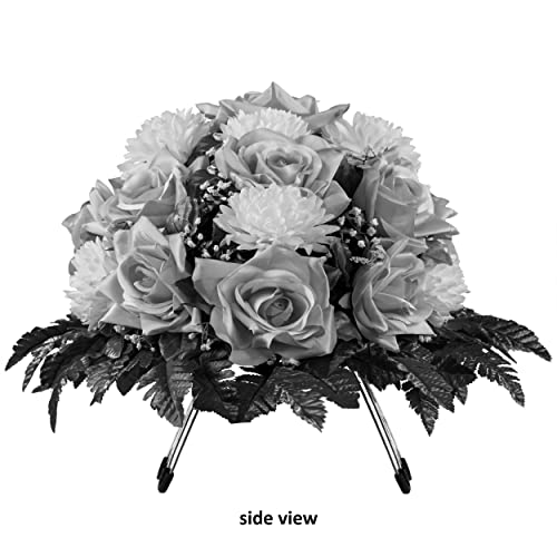 Product: Sympathy Silks Artificial Cemetery Flowers - Realistic - Outdoor Grave Decorations - Non-Bleed Colors, and Easy Fit - Purple Open Rose with Peach Cream Mum Saddle for Headstone