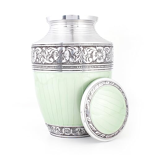 Product: Handcrafted Metal Alloy Cremation Urn for Human Ashes - Large, Engraved, Decorative Funeral Memorial Urn with Secure Screw-On Lid Hold Remains up to 200 lbs 10.5" (Green Silver) - ALPHA Living HOME
