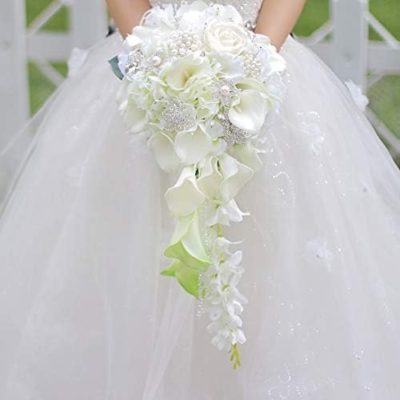 Product: IFFO Calla Lilies Simulation Rose Diamonds Pearl Bride Wedding Bouquet (White)