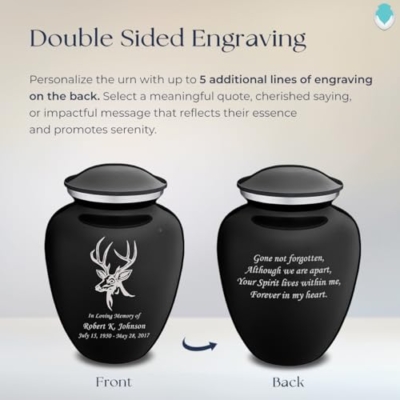 Product: Geturns Embrace Adult Personalized Deer Cremation Urns for Human Ashes I Large Black Funeral Urn for Adult Men and Women with Double Side Engraving I 200 lbs