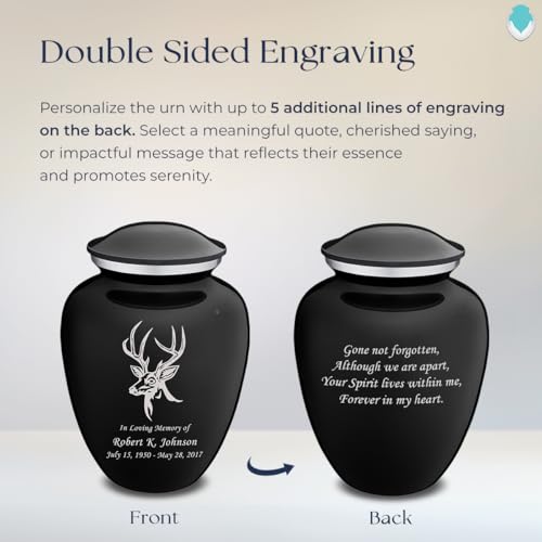 Product: Geturns Embrace Adult Personalized Deer Cremation Urns for Human Ashes I Large Black Funeral Urn for Adult Men and Women with Double Side Engraving I 200 lbs