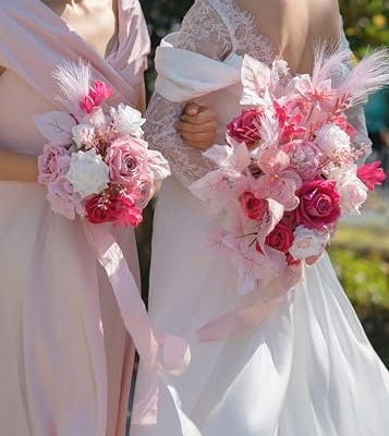 Silky Flower Store Hot Pink Bridesmaid Bouquet Artificial Flowers Set of 4, BENCENTRE 7 Inch, Silk Roses Pampas Grass 18 Inch Ribbon 12 12 Product: BENCENTRE 7 Inch Hot Pink Bridesmaid Bouquet for Wedding, Set of 4, Small Wedding Bouquet,for Marriage Proposal Party and Vintage Wedding Ceremony Anniversary,Artificial Flowers