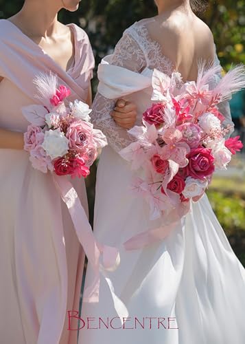 Silky Flower Store Hot Pink Bridesmaid Bouquet Artificial Flowers Set of 4, BENCENTRE 7 Inch, Silk Roses Pampas Grass 18 Inch Ribbon 5 5 Product: BENCENTRE 7 Inch Hot Pink Bridesmaid Bouquet for Wedding, Set of 4, Small Wedding Bouquet,for Marriage Proposal Party and Vintage Wedding Ceremony Anniversary,Artificial Flowers